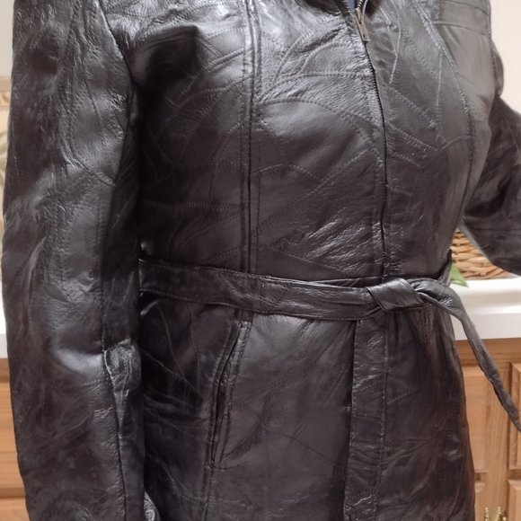 100% Genuine Italian Stone Leather Patchwork Black Coat XL - Picture 9 of 13